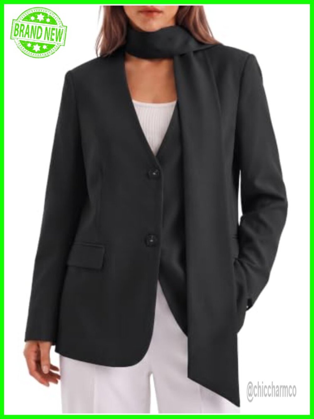 Women's Plaid Blazer V Neck Button Down Suit Jacket with Scarf